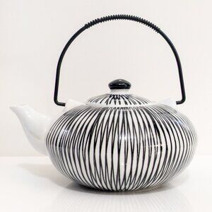Pier 1 Imports Akina Porcelain Teapot Black White Stripe Modern Japanese Style
